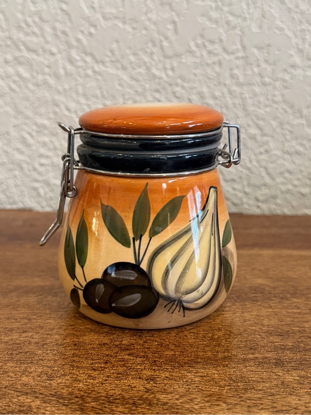 Vintage Ceramic Garlic Olive Canister Jar Clamp Lid Hand Painted Tuscan Kitchen